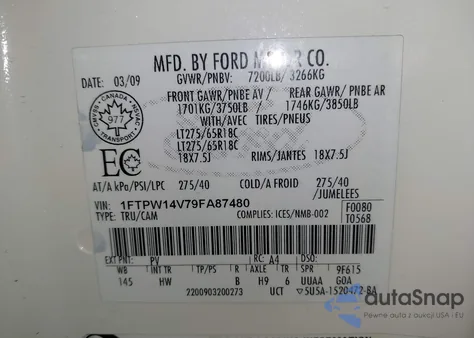 2009 Ford F-150 Fx4/King Ranch/Lariat/Platinum/Xl/Xlt from USA, damaged, VIN 1FTPW14V79FA87480